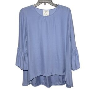 La Roque Original 100% Silk Blue Blouse Size OS Flutter Sleeve High Lo